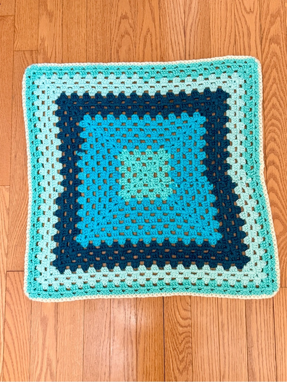 Vintage Handmade Crochet Teal & Aqua Blue Square Throw - Home Accents